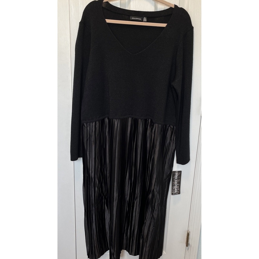 Nina Leonard Womens Dress 3X Black Long Sleeve Knit Lurex Satin Pleated Maxi NWT